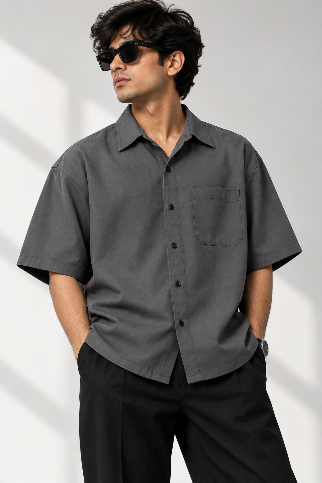 VASTARA Grey Boxy Fit Shirt — Premium Oversized Casual Shirt