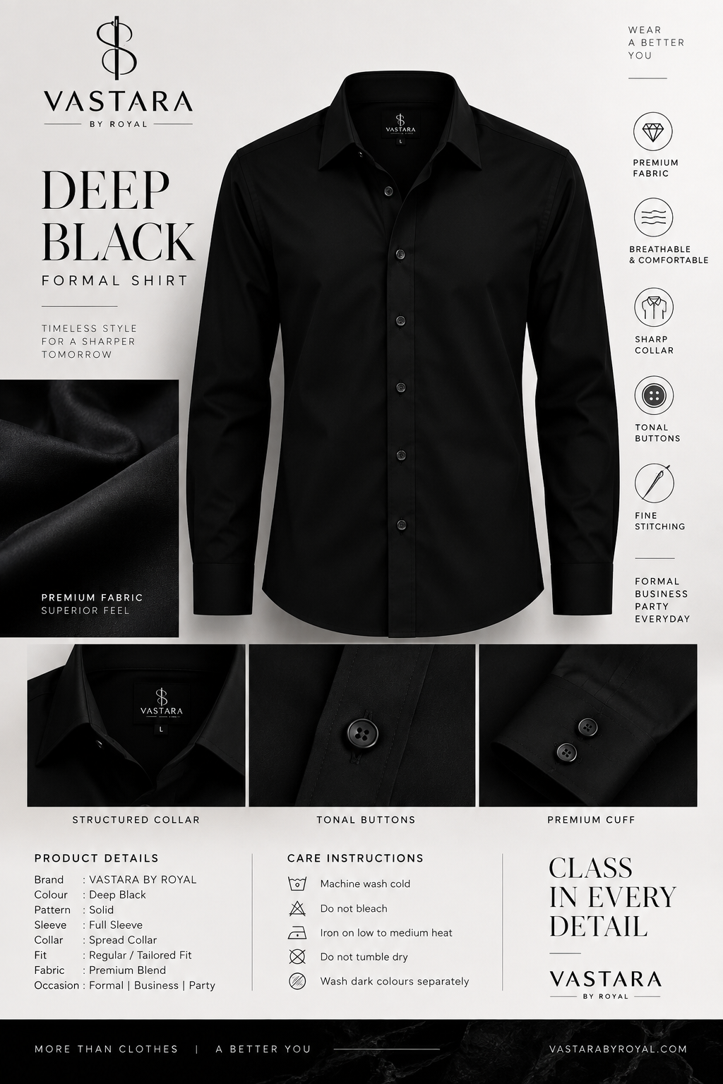 VASTARA  Black Premium Formal Shirt | Sharp Fit & Luxury Finish
