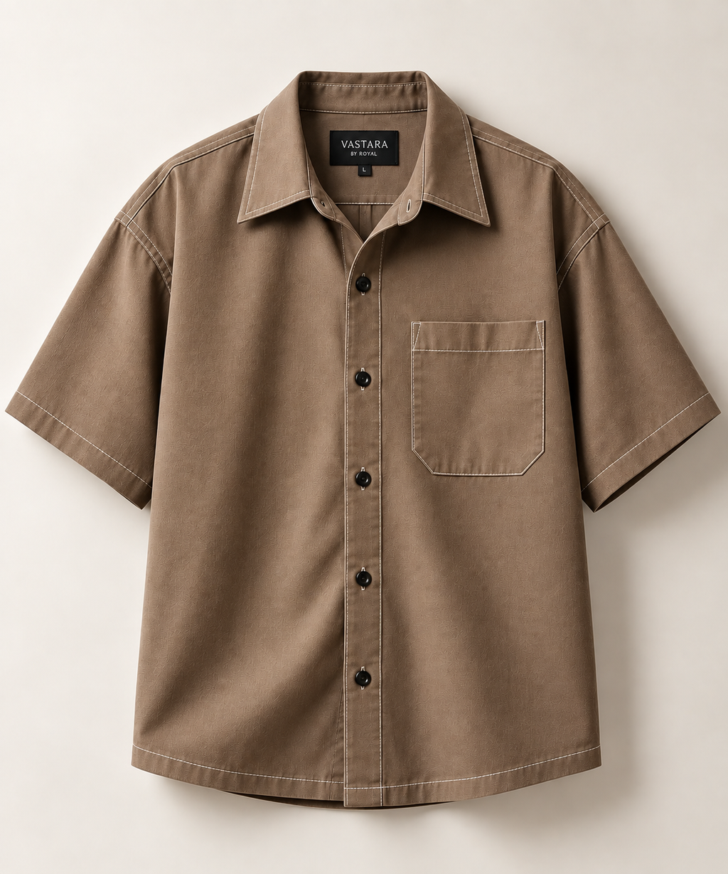 VASTARA Taupe Boxy Fit Shirt — Contrast Stitch Premium Oversized Shirt