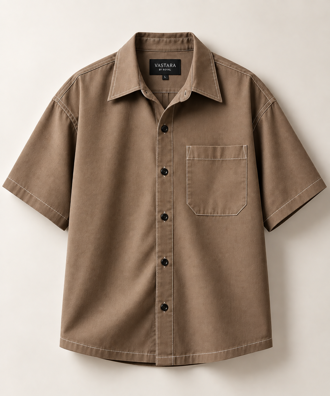 VASTARA Taupe Boxy Fit Shirt — Contrast Stitch Premium Oversized Shirt