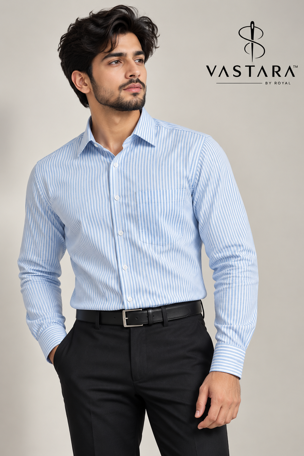 VASTARA by Royal™ – Sky Blue Striped Premium Casual Shirt