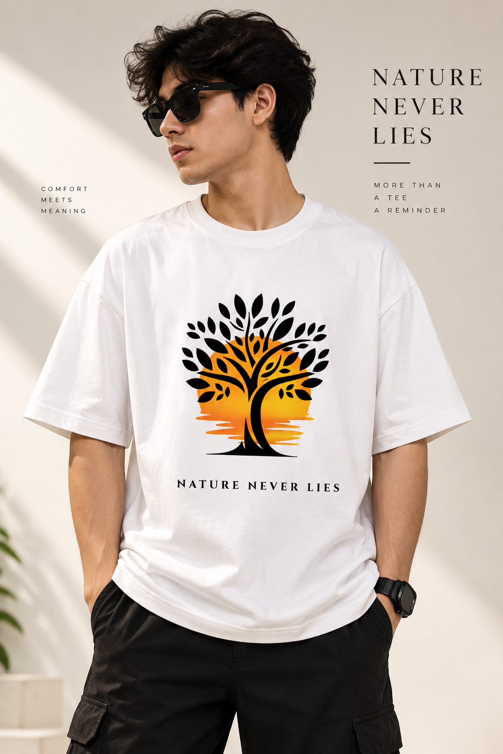 Nature Never Lies Tree Sunset Graphic Oversized T-Shirt – White