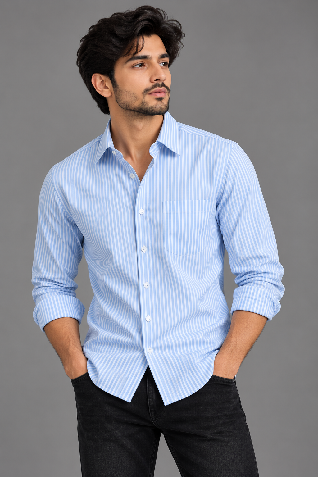 VASTARA by Royal™ – Sky Blue Striped Premium Casual Shirt
